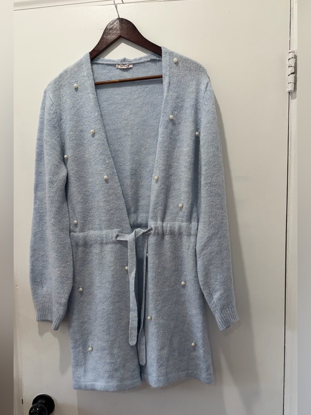 Pearl-Detail Tie-Waist Light Blue Cardigan